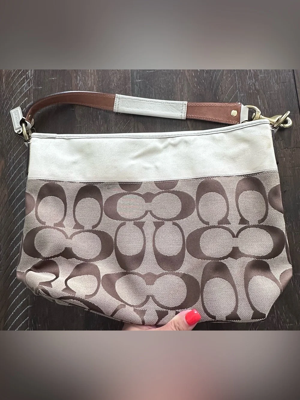 Vintage Y2K Coach Canvas Signature Shoulder Hobo Bag in Brown and Cream